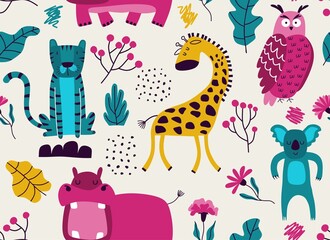 Wall Mural - Vector seamless pattern with cute animal.