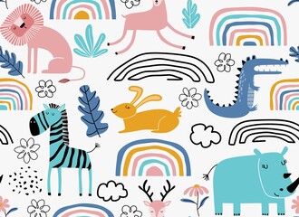 Wall Mural - Vector seamless pattern with cute animal.