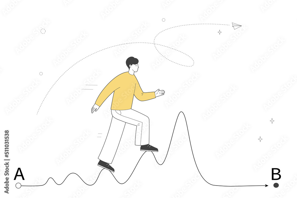 Difficult path to the goal. The path with obstacles from point A to point B. Person goes to his goal.