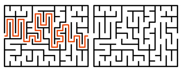 Abstract maze. Find right way. Isolated simple square maze black line on white background. Vector illustration.