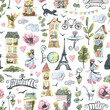 Parisian streets with various elements of a European city, watercolor illustration. Seamless pattern from a large set of PARIS. For textiles, fabrics, scrapbooking, covers, wrapping paper, souvenirs.