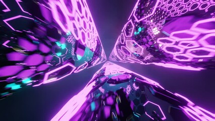 Aufkleber - Sci-fi tunnel with neon lights. Abstract high-tech tunnel as background in the style of cyberpunk or high-tech future. 3d rendering illustration. Loops video.
