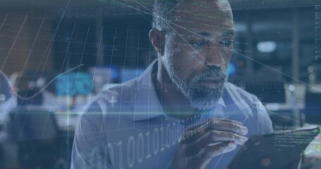 Poster - Animation of data processing over african american businessman using tablet