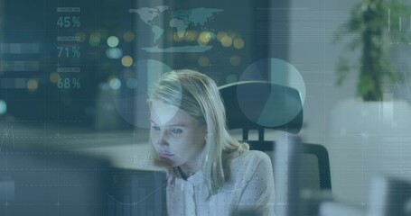 Poster - Animation of data processing over caucasian businesswoman using computer