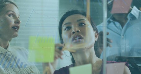 Poster - Animation of data processing over diverse business people taking notes on glass wall