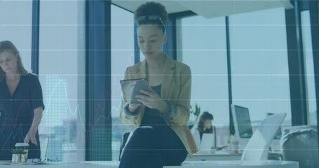 Poster - Animation of data processing over biracial businesswoman using tablet