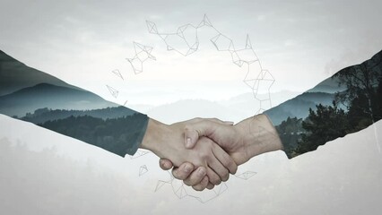 Poster - Animation of shapes and landscape over caucasian business people shaking hands
