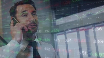 Poster - Animation of data processing over smiling caucasian businessman talking on smartphone