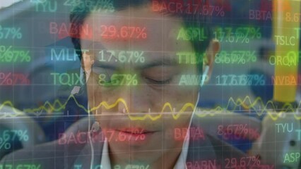 Poster - Animation of data processing and caucasian businessman over asian businessman in bus