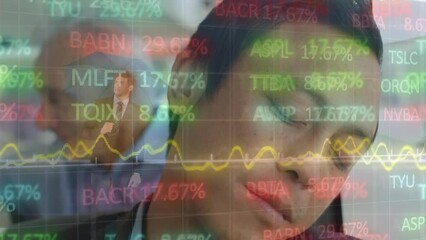 Poster - Animation of data processing over asian businessman in bus
