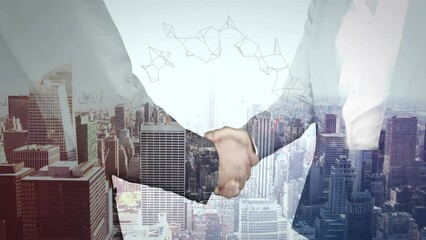 Poster - Animation of shapes and cityscape over caucasian business people shaking hands