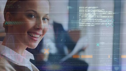 Poster - Animation of data processing over smiling caucasian businesswoman