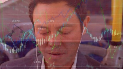 Poster - Animation of data processing over asian businessman in bus