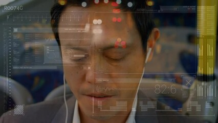 Poster - Animation of data processing over asian businessman in bus