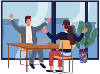 Wall Mural - Employees in coworking open office vector illustration. Woman and man colleagues raising hands, rejoysing at workplace. Corporate workers using laptop. Happy smiling female and male coworkers