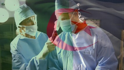 Sticker - Animation of flag of algeria over caucasian doctors during surgery