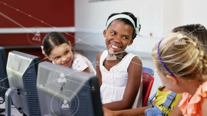 Poster - Network of profile icons against group of diverse girls using computer at school