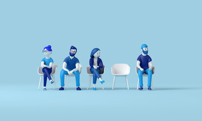 Business vacancy. Line of professional people with an empty chair. 3D Rendering