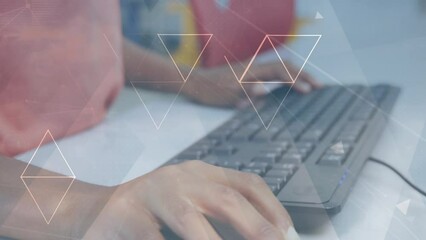 Poster - Abstract triangular shapes against mid section of a girl using computer at school