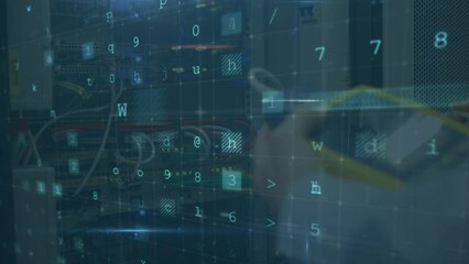 Poster - Animation of cyber attack text and data processing over caucasian male it technician by server