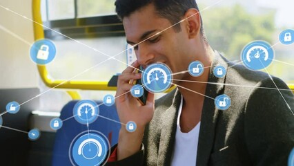 Poster - Network of digital icons against biracial man talking on smartphone sitting in the bus
