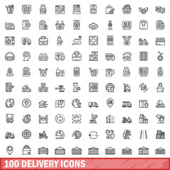 Poster - 100 delivery icons set. Outline illustration of 100 delivery icons vector set isolated on white background