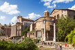 View of the monuments of the Roman Forum with the temple of Antoninus and Faustina and the temple of Romulus, Rome, Italy