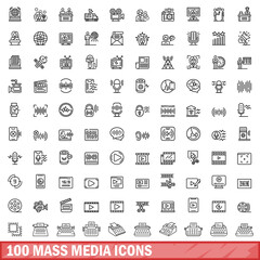 Sticker - 100 mass media icons set. Outline illustration of 100 mass media icons vector set isolated on white background