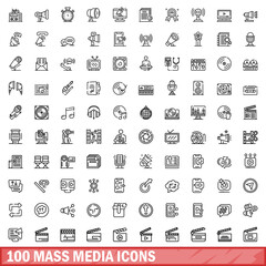 Poster - 100 mass media icons set. Outline illustration of 100 mass media icons vector set isolated on white background