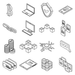 Poster - Blockchain icon set. Isometric set of blockchain vector icons outline isolated on white background