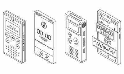 Poster - Dictaphone icons set. Isometric set of dictaphone vector icons outline isolated on white background