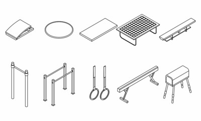 Poster - Gymnastics equipment icons set. Isometric set of gymnastics equipment vector icons outline isolated on white background