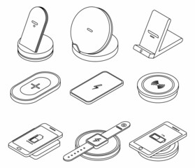 Poster - wireless charger icons set. isometric set of wireless charger vector icons outline isolated on white