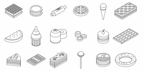 Poster - Confectionery icons set. Isometric set of confectionery vector icons outline isolated on white background