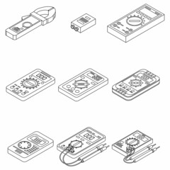 Poster - Multimeter icons set. Isometric set of multimeter vector icons outline isolated on white background