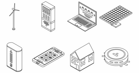 Poster - Autonomous house icons set. Isometric set of autonomous house vector icons outline isolated on white background
