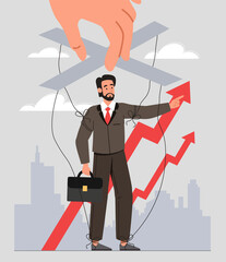 Manipulation of employee. Boss gives instructions to subordinate, pretense and lies. Puppet on strings, controlled by hand from above. Businessman controlled worker. Cartoon flat vector illustration