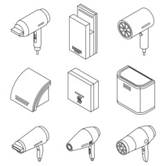 Sticker - Dryer icons set. Isometric set of dryer vector icons outline isolated on white background