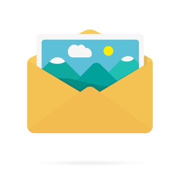 Envelope yellow with postcard picture of mountains . New email . Flat design illustration. Stock vector graphics