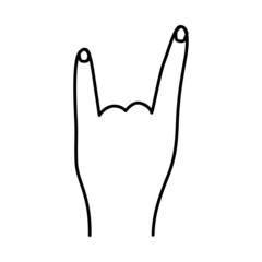 Rock, heavy metal hand gesture, vector illustration on white, two fingers up index and little finger.