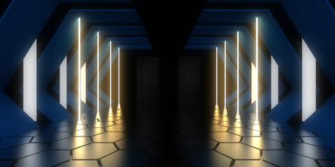 3D abstract background with neon lights. neon tunnel  .space construction . .3d illustration