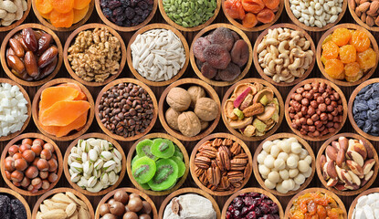 Wall Mural - different kinds dried fruits and nuts background. colorful food, healthy snacks.
