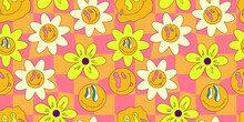 Trippy Smile Seamless Pattern With Daisy And Checkerboard. Psychedelic Hippy Groovy Print. Good 60s, 70s, Mood. Vector Trippy Crazy Illustration. Smile Face Seamless Pattern Y2k Style