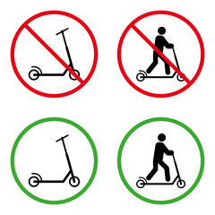 Man on Kick Scooter Forbidden Pictogram. Permit Person on Trotinette Green Circle Symbol. No Allowed Push Wheel Sign. Entry with Eco Transport Black Silhouette Icon Set. Isolated Vector Illustration