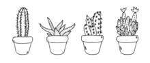 Cactus Set In Pot Vector Sketch Icons. Cute Black Succulents Illustration. Mexican House Cacti In Flowerpot Line Art.