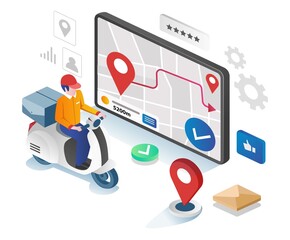 Poster - Man delivering package with gps app directions