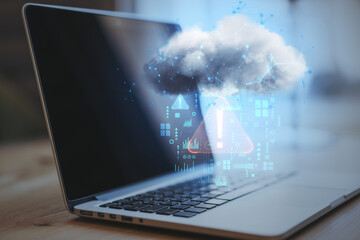 Aufkleber - Close up of laptop on desktop with abstract hologram raining cloud on blurry background. Data, information leak, security and theft concept. Double exposure.