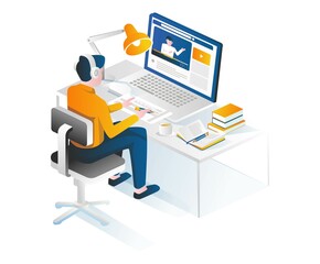 Poster - Male student studying at desk with laptop and headset