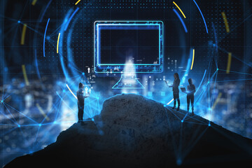 Aufkleber - Abstract people on mountain using laptops with glowing computing hologram on blurry city background. Database and information concept. Double exposure.