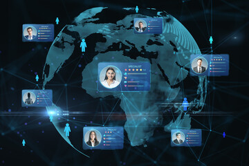Poster - International freelancer search service with digital cards contain profile information and face photos and blue human signs on world globe background